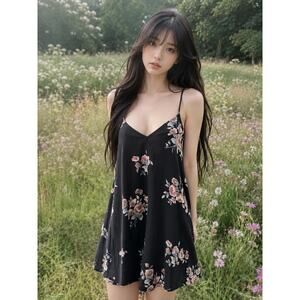 Midnight Blossoms strappy caged back floral Slip dress M/L
